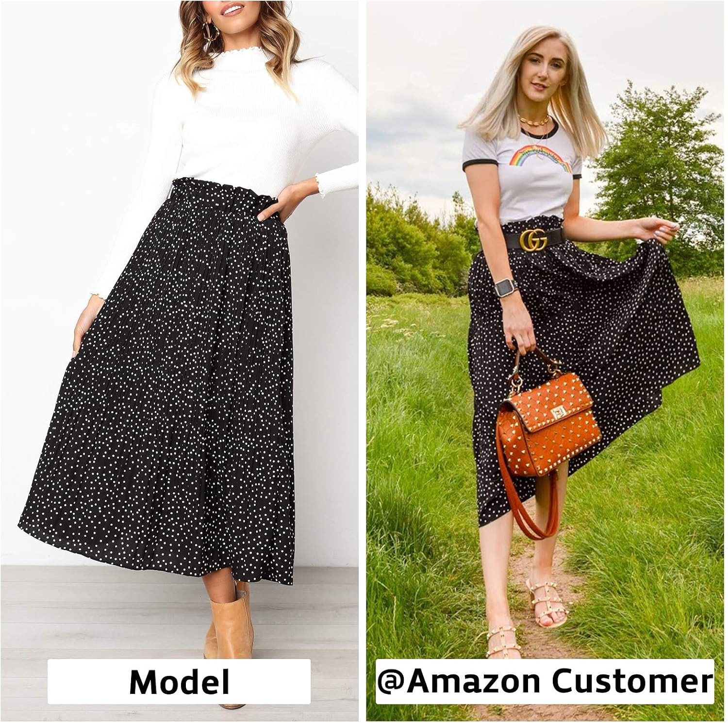 EXLURA Womens High Waist Polka Dot Pleated Skirt Midi Swing Skirt with Pockets | Amazon (US)