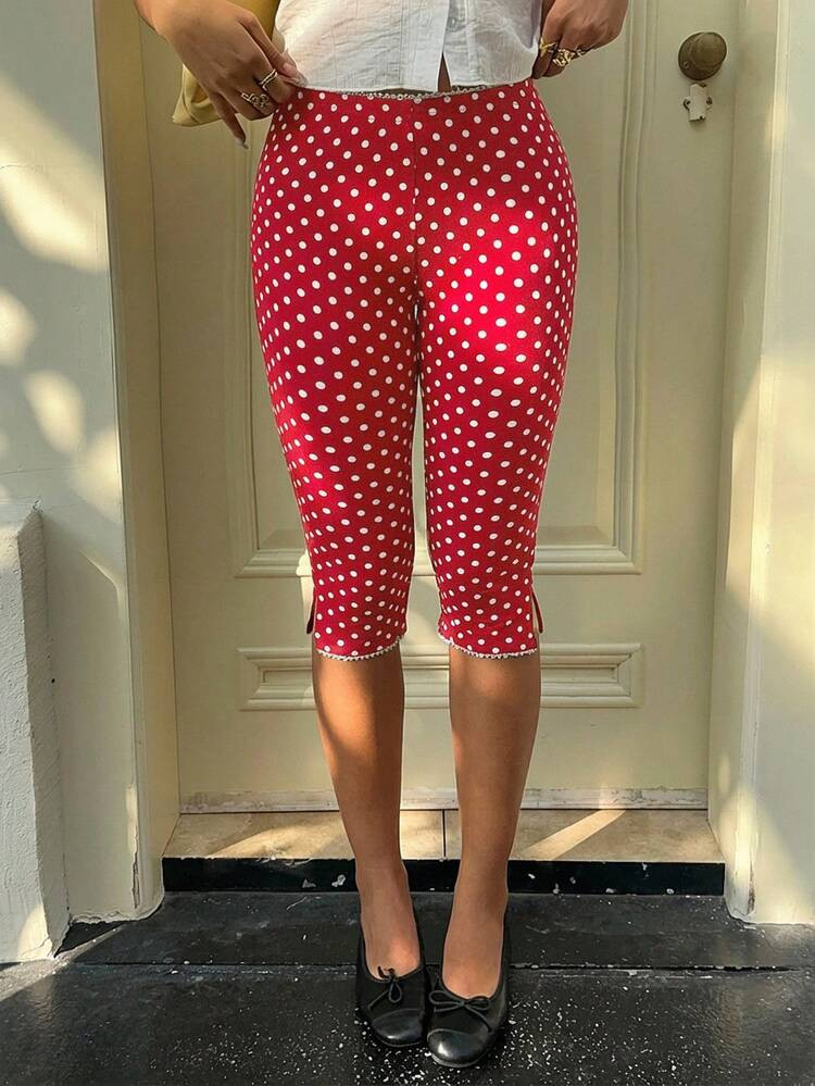 MainGRL Women's Casual Red Polka Dot Print Fitted Shorts, Suitable For Outings And Back-To-School Outfits | SHEIN