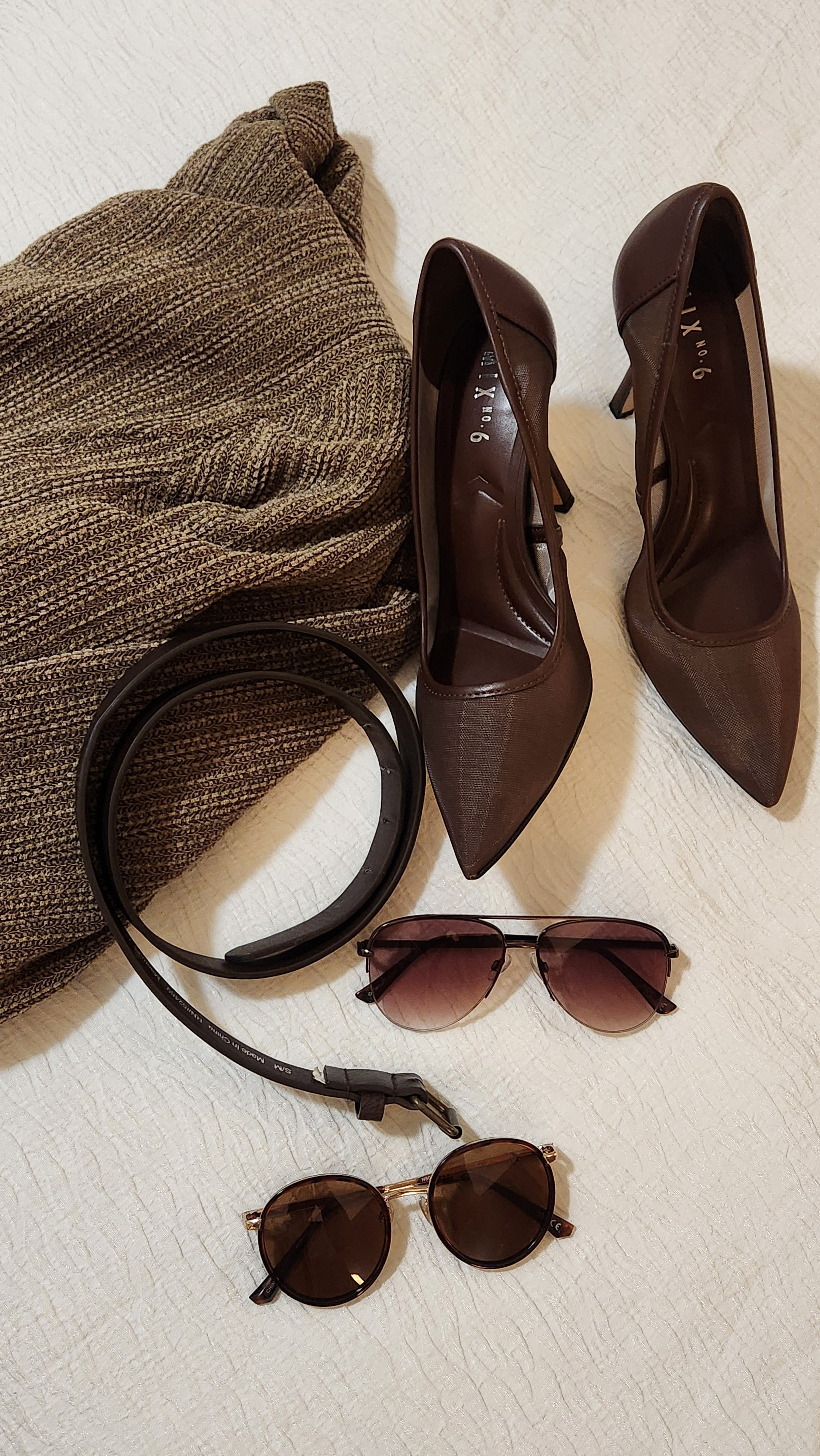 Chocolate brown style accessories.  Mesh pumps, sunglasses, belt, cropped blazer 

#LTKootd #LTKPetite #LTKgrwm