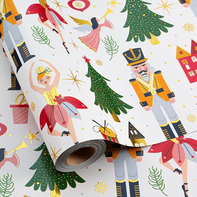 Afucus Christmas Wrapping Paper, Mini Roll, Christmas Tree, Gold Foil Nutcracker Gift Wrapping Pa... | Amazon (US)