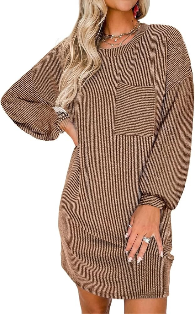 Acelitt Women Casual Fall Crewneck Long Sleeve Ribbed Mini Tshirt Dress,S-XXL | Amazon (US)