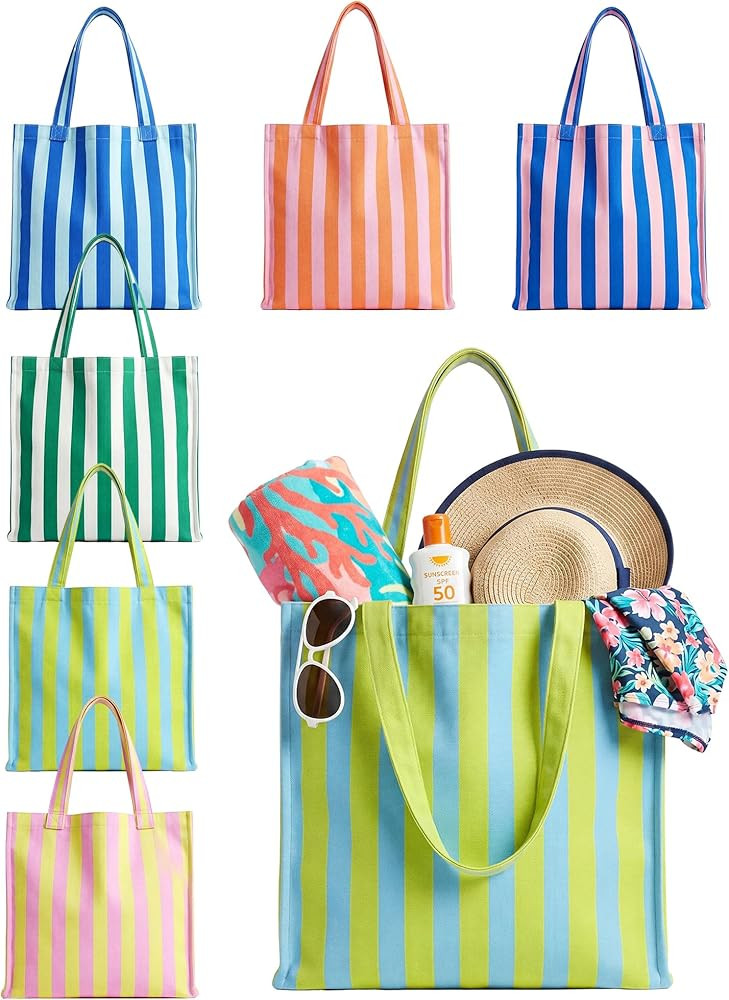 Paterr 6 Pcs Summer Striped Canvas Tote Bags for Women Summer Beach Pool Party Favors Pastel Stri... | Amazon (US)