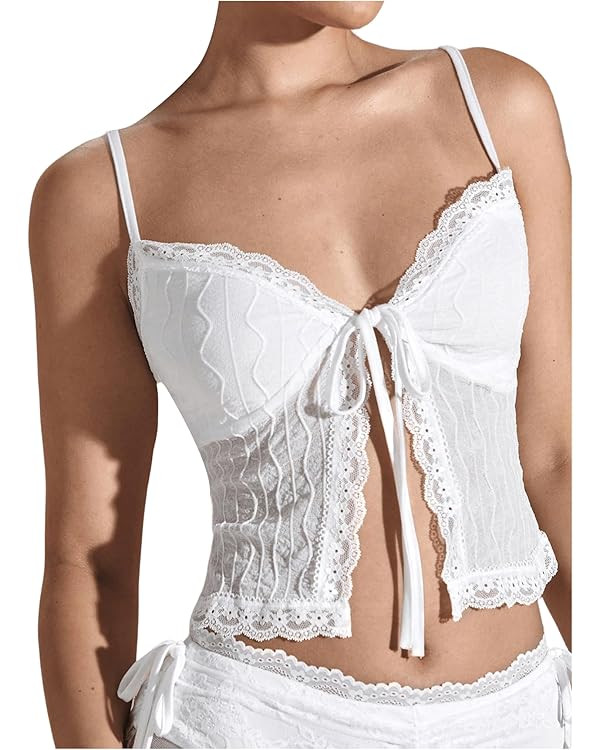 OYOANGLE Women's Lace Cami Tops Sleeveless Tie Front Split Camisole Cute Coquette Crop Top | Amazon (US)