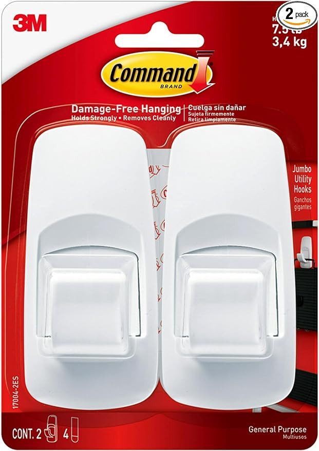 Command 7.5 lb Jumbo Utility Hook, 2 Hooks and 4 Command Strips, Damage Free Hanging Wall Hooks w... | Amazon (US)