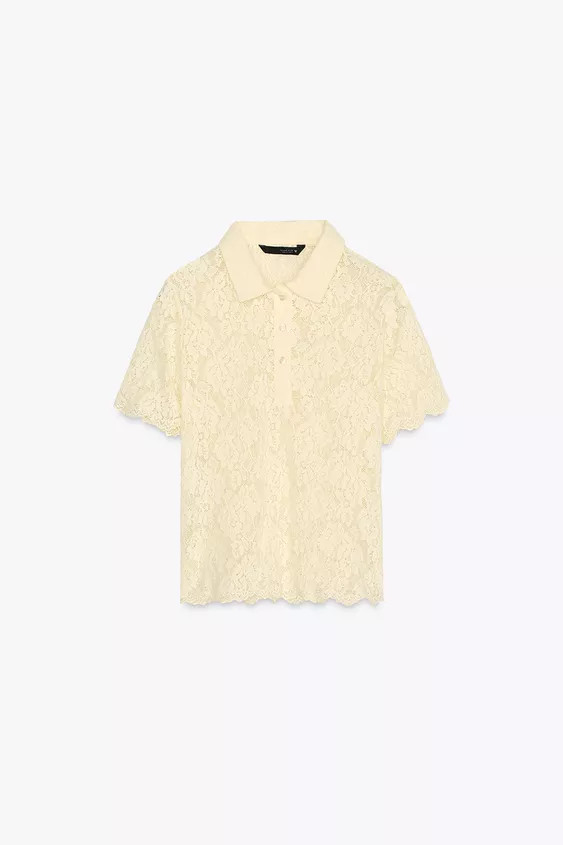 Semi-sheer shirt with lapel collar and short sleeves with scalloped edges. Front button closure. | Zara US