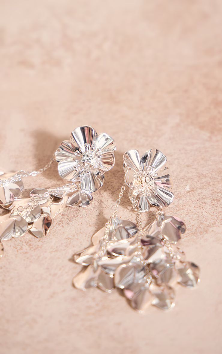 Silver Jewel Flower Petal Tassel Statement Stud Earrings | PrettyLittleThing UK