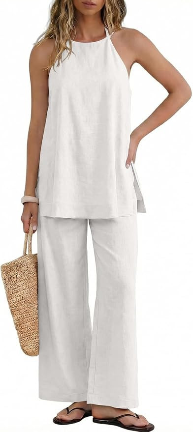 UNCOOYEE Womens 2 Piece Linen Outfits Halter Neck Sleeveless Side Split Top Wide Leg Pants Set Ca... | Amazon (US)