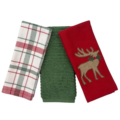 Holiday Christmas Kitchen Dish Hand Towels – Set of 3 100% Cotton Red Reindeer Forest Green and Plaid Cream Design – 26" x 16" Multipurpose Towels for Everyday Use | Amazon (US)