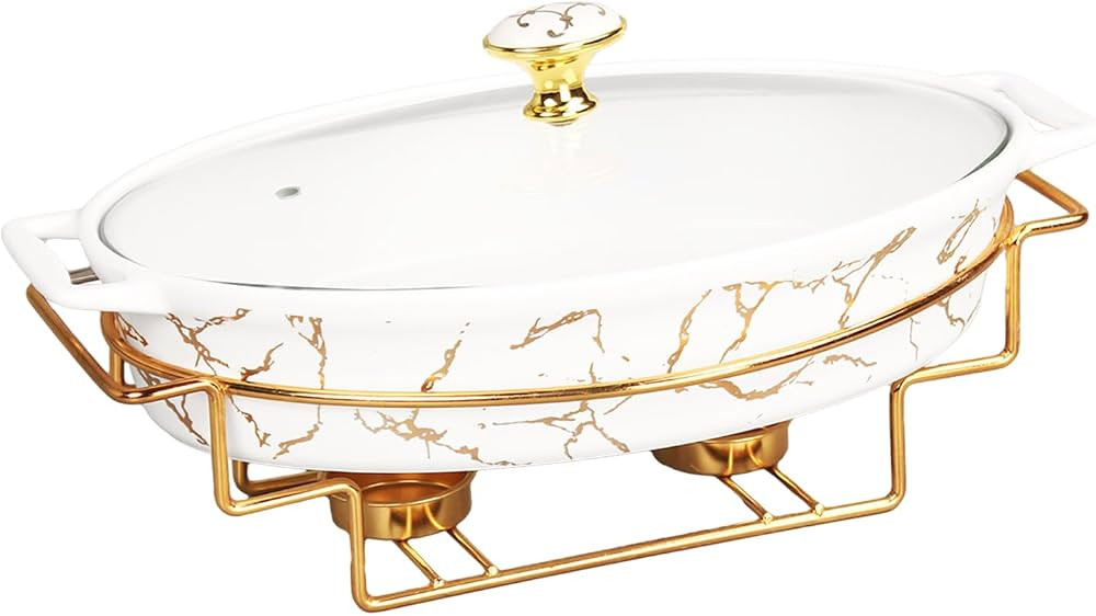 12" x 8" Ceramic Casserole Baking Dish With Glass Cover and with Golden Rack, Lasagna Pan Deep fo... | Amazon (US)