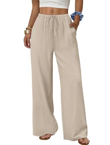 Sampeel Linen Pants Women Wide Leg Palazzo Pants Flowy Casual Summer Outfits Cruise 2026 Fashion Beach Vacation Clothes Spring Drawstring Elastic Waist Trouser Khaki S | Amazon (US)