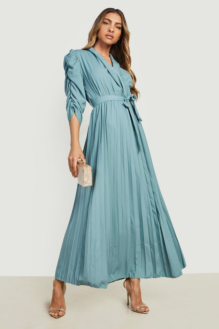 Puff Sleeve Pleated Skirt Midi Dress | Boohoo.com (US & CA)