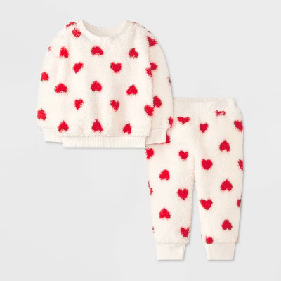 Baby Printed Heart Cozy Top & Bottom Set - Cat & Jack™ Cream 6-9M | Target
