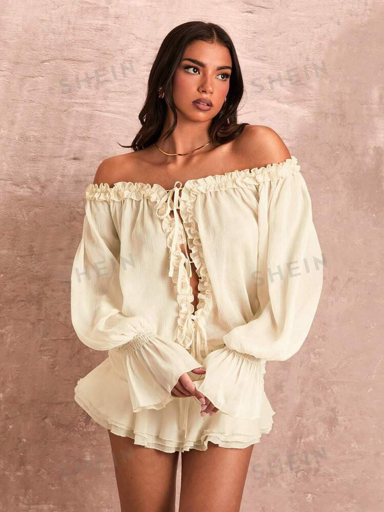 SHEIN BAE Solid Color Chiffon Shirt With Frill Trimmed Detailing, Loose Fit Lantern Sleeve And Ti... | SHEIN