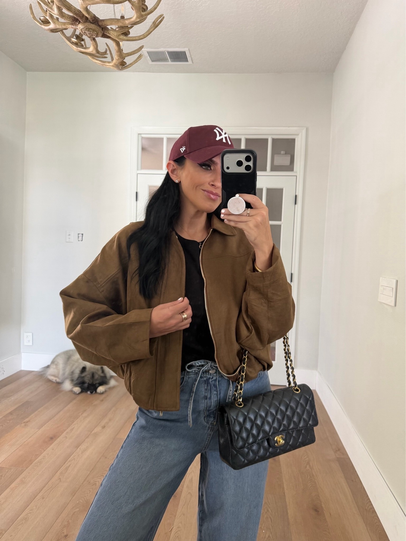 Faux Suede Bomber Jacket wearing size small. Z SUPPLY Women's Modern Slub Tee.
