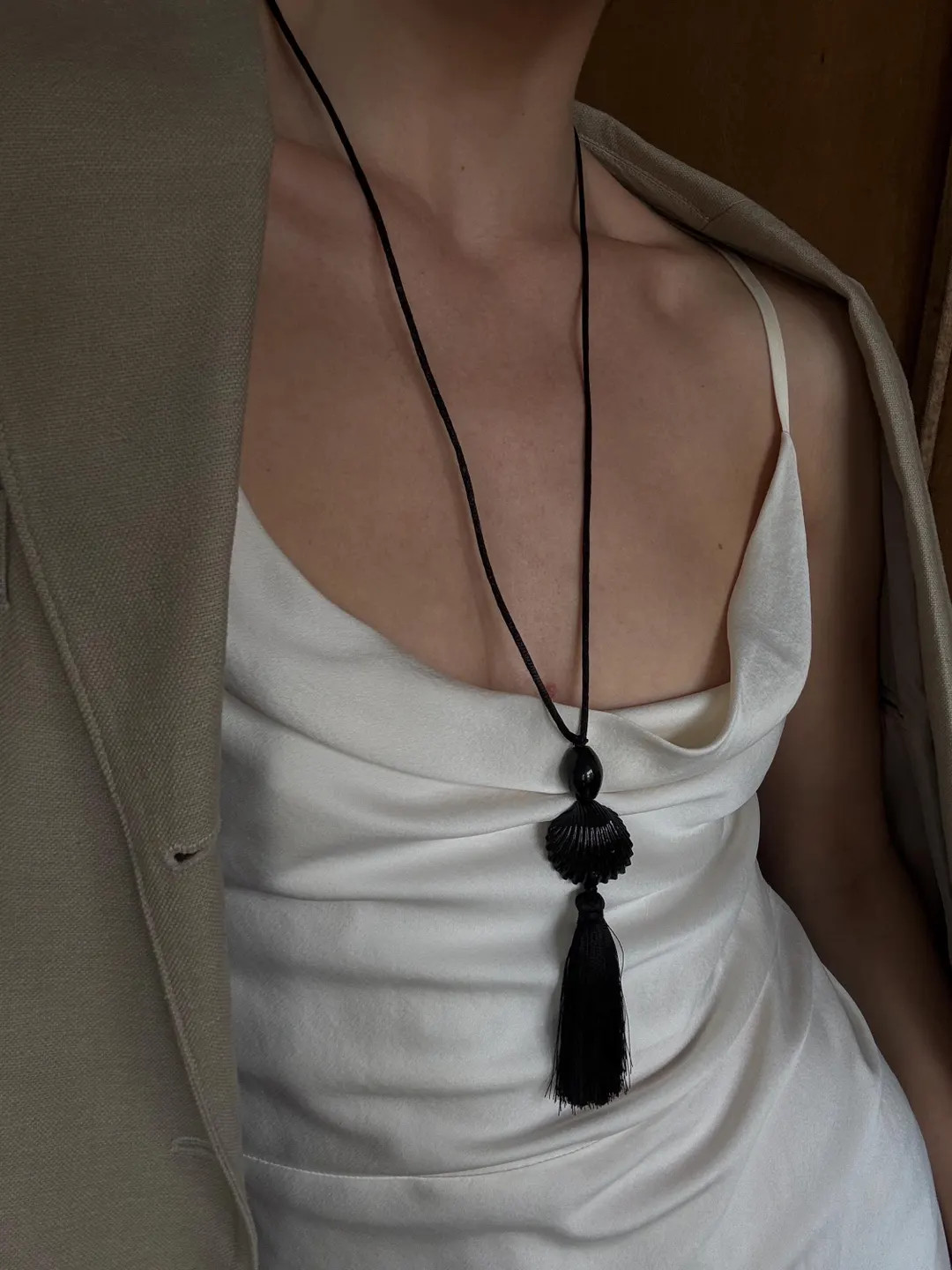 Onyx and Seashell on Cord • Tassel Necklace With Enameled Black Shell | Seashell Long Pendant -... | Etsy (US)