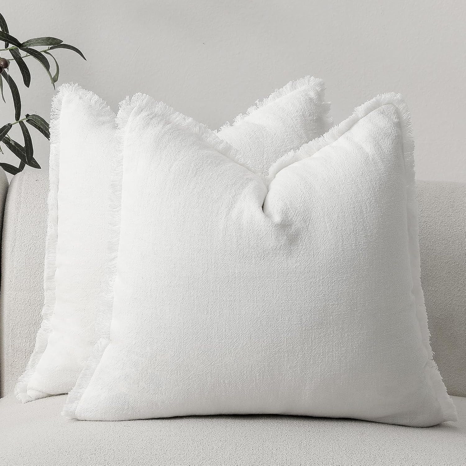 Hckot White Throw Pillows Covers 18x18 Set of 2 Neutral Linen Pillow Covers with Tassels Fringe F... | Amazon (US)