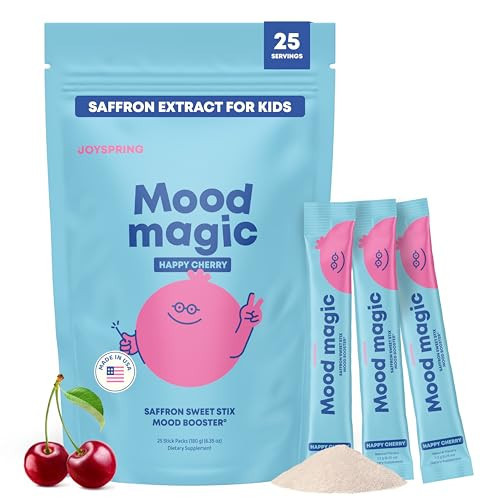 JoySpring Mood Magic for Kids – Natural Mood Support Pixie Sticks with Saffron, Magnesium Citrate, Vitamin D3 & Herbal Blend – Sugar Free Cherry Lime Flavor Powder | 25 Servings | 4+ Years | Amazon (US)