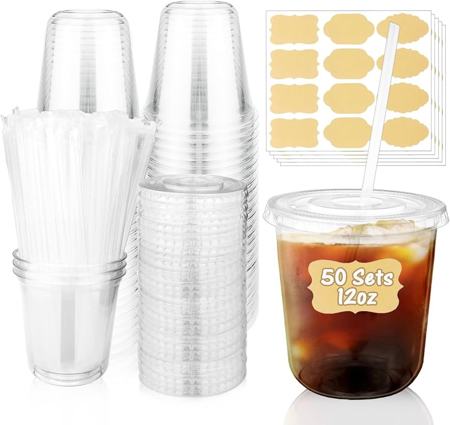 50 Sets 12 oz Clear Plastic Cups with Lids and Straws, Round Bottom Disposable Ice Coffee Cups, P... | Amazon (US)