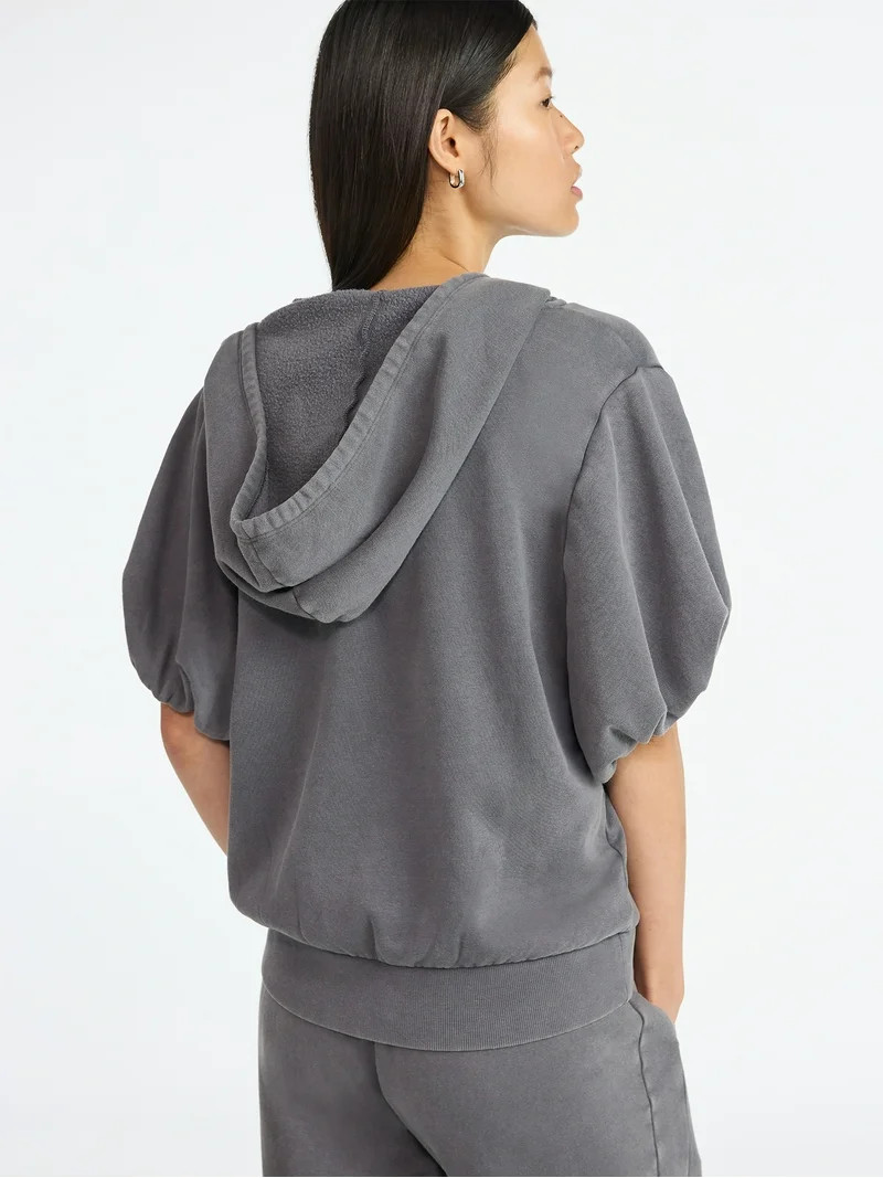 Scoop Women’s Mineral Washed Zip Hoodie with Short Puff Sleeves, Sizes XS-XXL | Walmart (US)