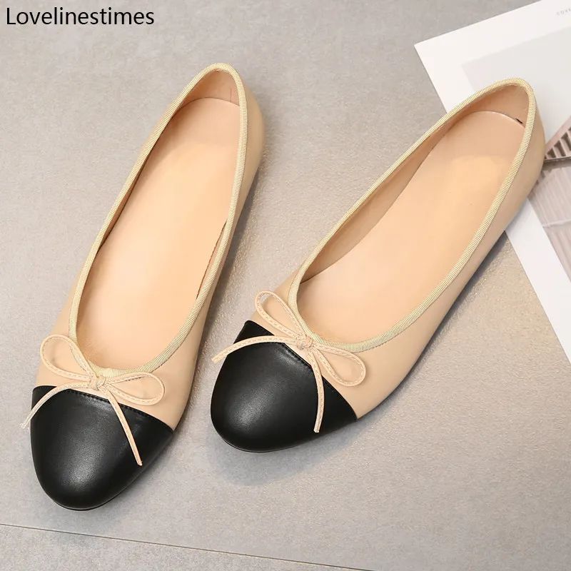 Ballet Flats Classic Shoes Women Basic Leather Tweed Cloth Two Color Splice Bow Round Ballet Shoe... | DHGate