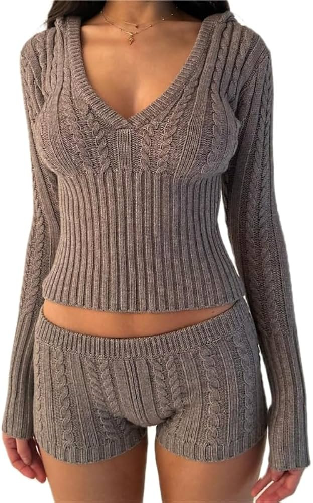 Y2k Women 2 Piece Knitted Outfits Knitted Sweater Top Zipper Jacket Sweatshirt High Waist Pants S... | Amazon (US)