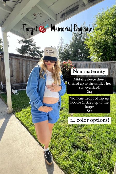 Target Memorial Day sale 🎯! Non-maternity outfit worn with a bump 🤰🏼
Cropped zip-up hoodie I sized up to a large since it’s cropped, it’s on sale for $21 and the matching fleece shorts I’m wearing a size small and they fit oversized On sale for $14! Also 14 color options to choose from 💙

#LTKStyleTip #LTKSaleAlert #LTKBump