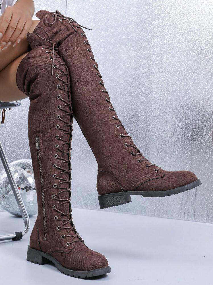 Women's New Fashion Long Shaft Boots, Stylish Lace-Up Roman Style Slim Fit Over-The-Knee Boots Fo... | SHEIN