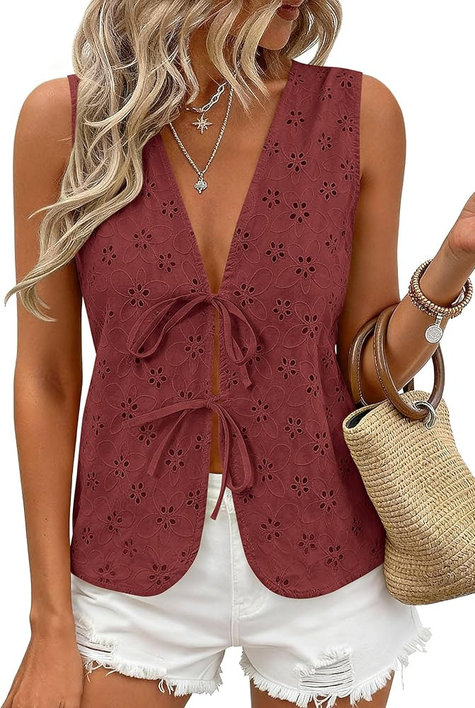 PRETTYGARDEN Women 2026 Summer Tie Front Eyelet Tank Tops Trendy Floral Vest Sleeveless V Neck Dr... | Amazon (US)