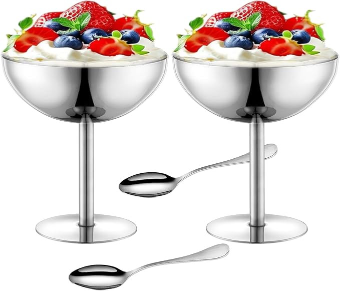 Ice Cream Bowls Set of 2 Stainless Steel Dessert Cups with Spoons Reusable Silver Footed Sundae C... | Amazon (US)