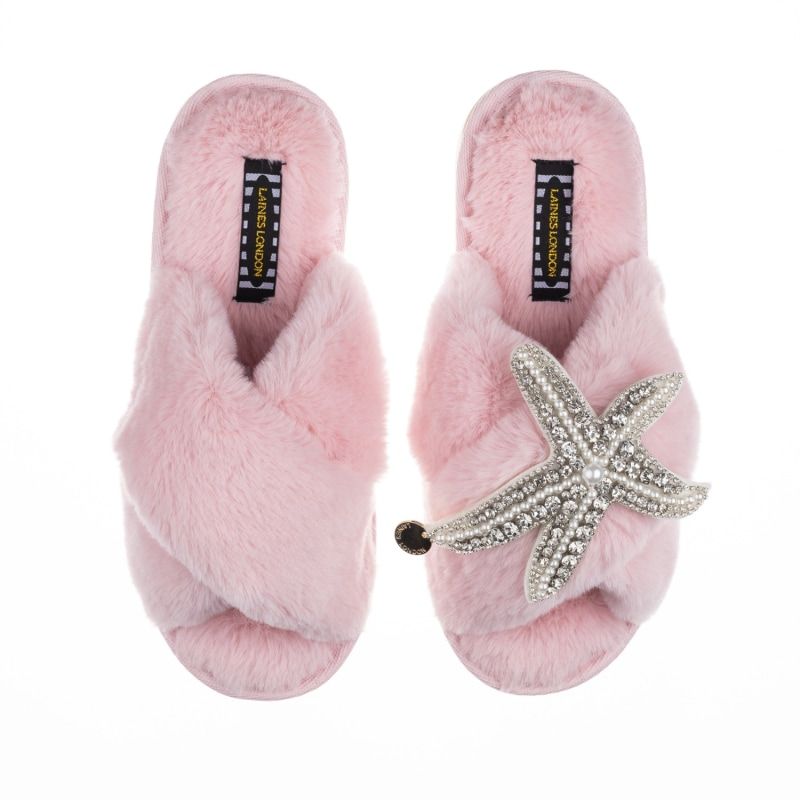 Classic Laines Candy Pink Slippers With Artisan Silver Starfish Brooch | Wolf and Badger (Global excl. US)