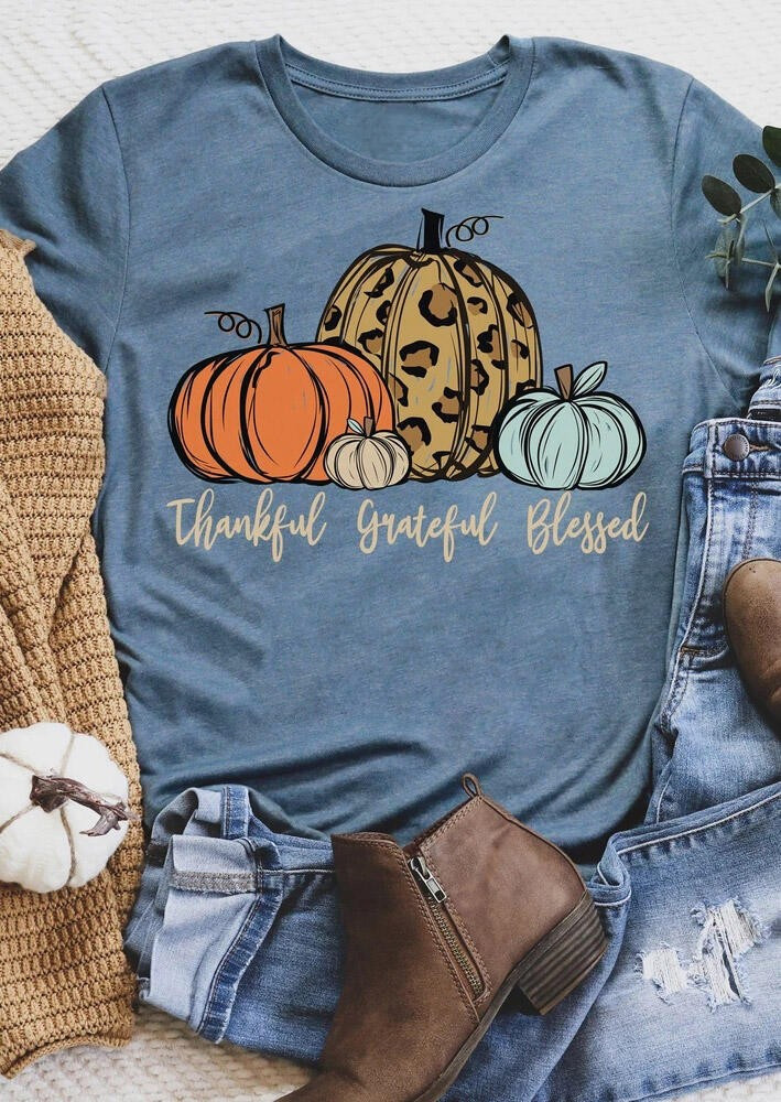 Thankful Grateful Blessed Leopard Pumpkin T-Shirt Tee - Blue - Fairyseason | Fairy Season US