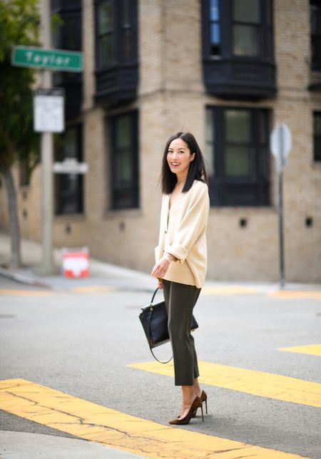 Oversized cardigan as a top paired with slim olive trousers.

#pumps
#springoutfit
#officeoutfit
#businesscasual
#workoutfit

#LTKstyletip #LTKSeasonal #LTKworkwear