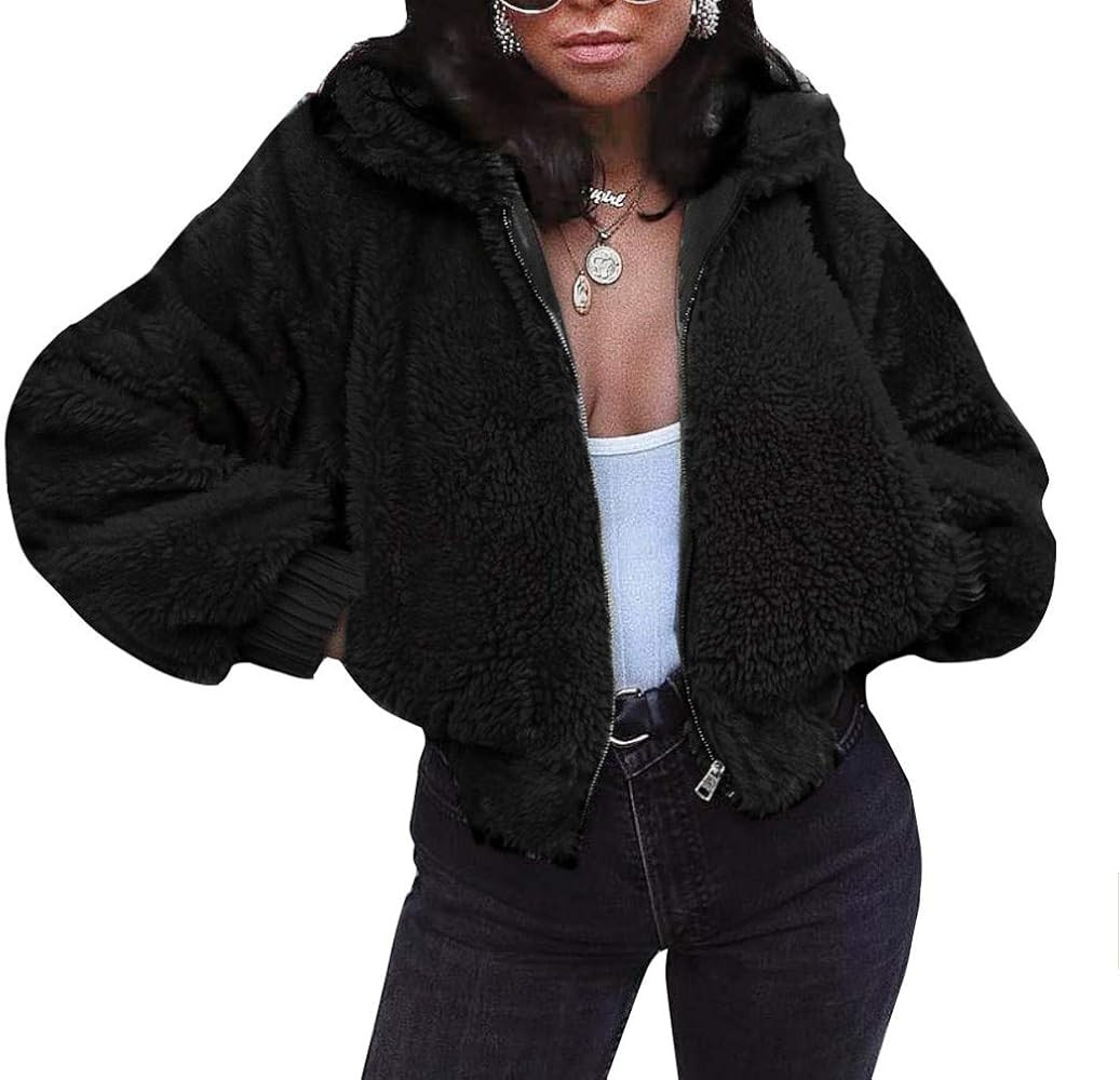 FANCYINN Womens Teddy Cropped Faux Fur Jacket Furry Lapel Coat Zip Up with Pockets Warm Winter | Amazon (US)