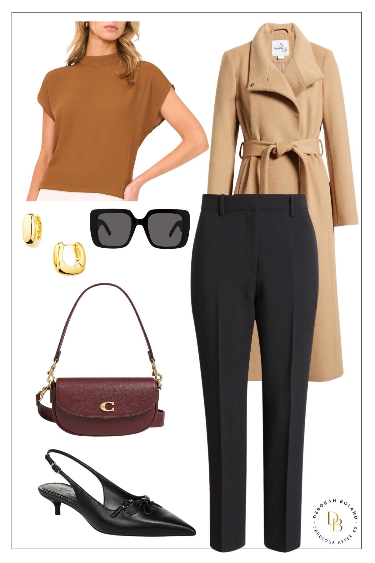 Timeless tones with a modern edge 🤎🖤
This camel and black combo is all about polished simplicity—short sleeve sweater, tailored cigarette pants, a wrap coat for structure, and pointed slingbacks to finish. The burgundy crossbody adds just the right pop. This polished look is available at the Nordstrom Anniversary sale. 

# ClassicStyle #EffortlessElegance #Over40Style #NeutralOutfit #ChicLayers 

#LTKSeasonal #LTKSaleAlert #LTKOver40