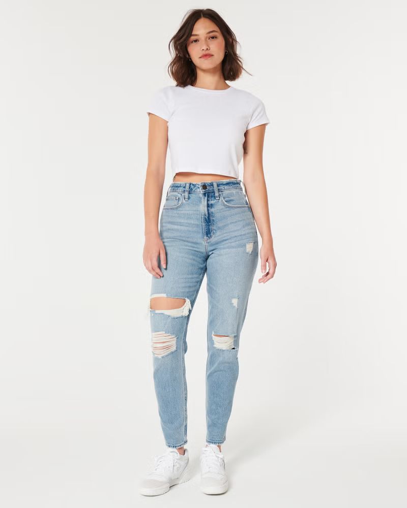 Curvy Ultra High-Rise Ripped Medium Wash Mom Jeans | Hollister (US)