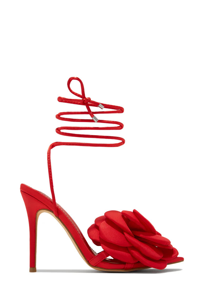 Miss Lola | In-Bloom Red Floral Lace Up High Heels | MISS LOLA