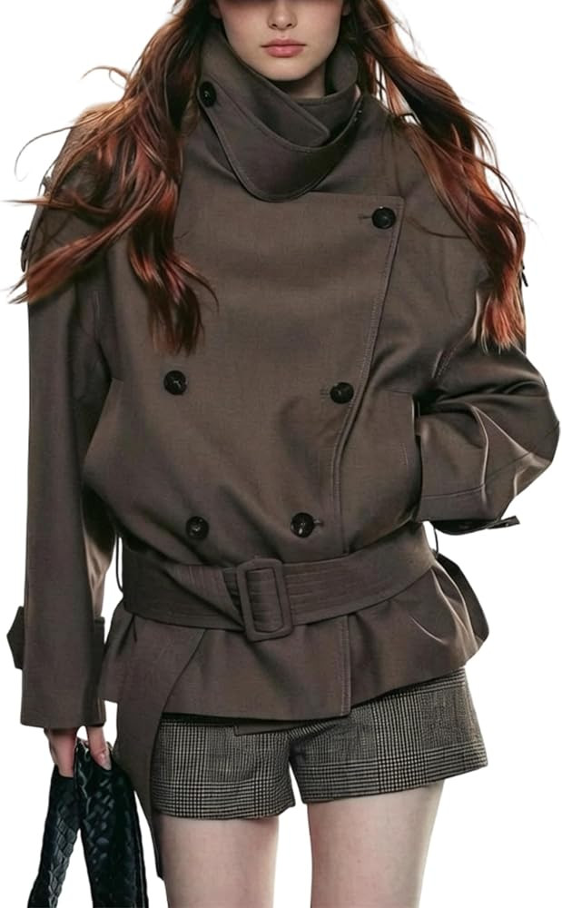 Cropped Trench Coat Women Belted Double Breasted Funnel Neck Jacket Streetwear Spring Fall Trendy... | Amazon (US)