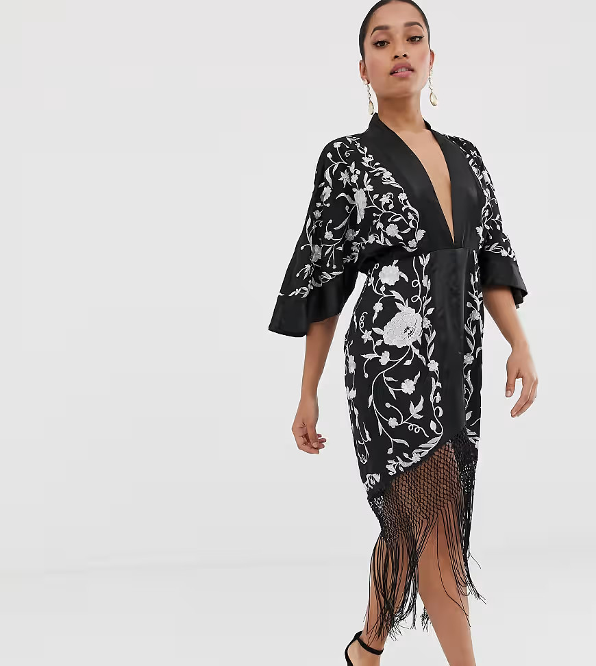 ASOS DESIGN Petite kimono mini dress in embroidered floral and fringe hem-Multi | ASOS (Global)