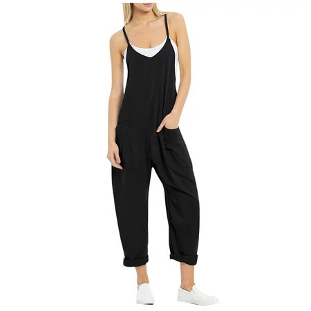 HaHaHappy Womens Jumpsuit Spaghetti Strap Sleeveless Womens Rompers for Summer Summer Trendy Women s Overalls with Pockets Black S | Walmart (US)