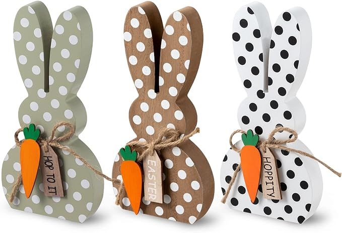 DECSPAS Easter Decorations for The Home, 3 PCS Spotted Easter Bunny Ornaments Decor, Carrots Wood... | Amazon (US)