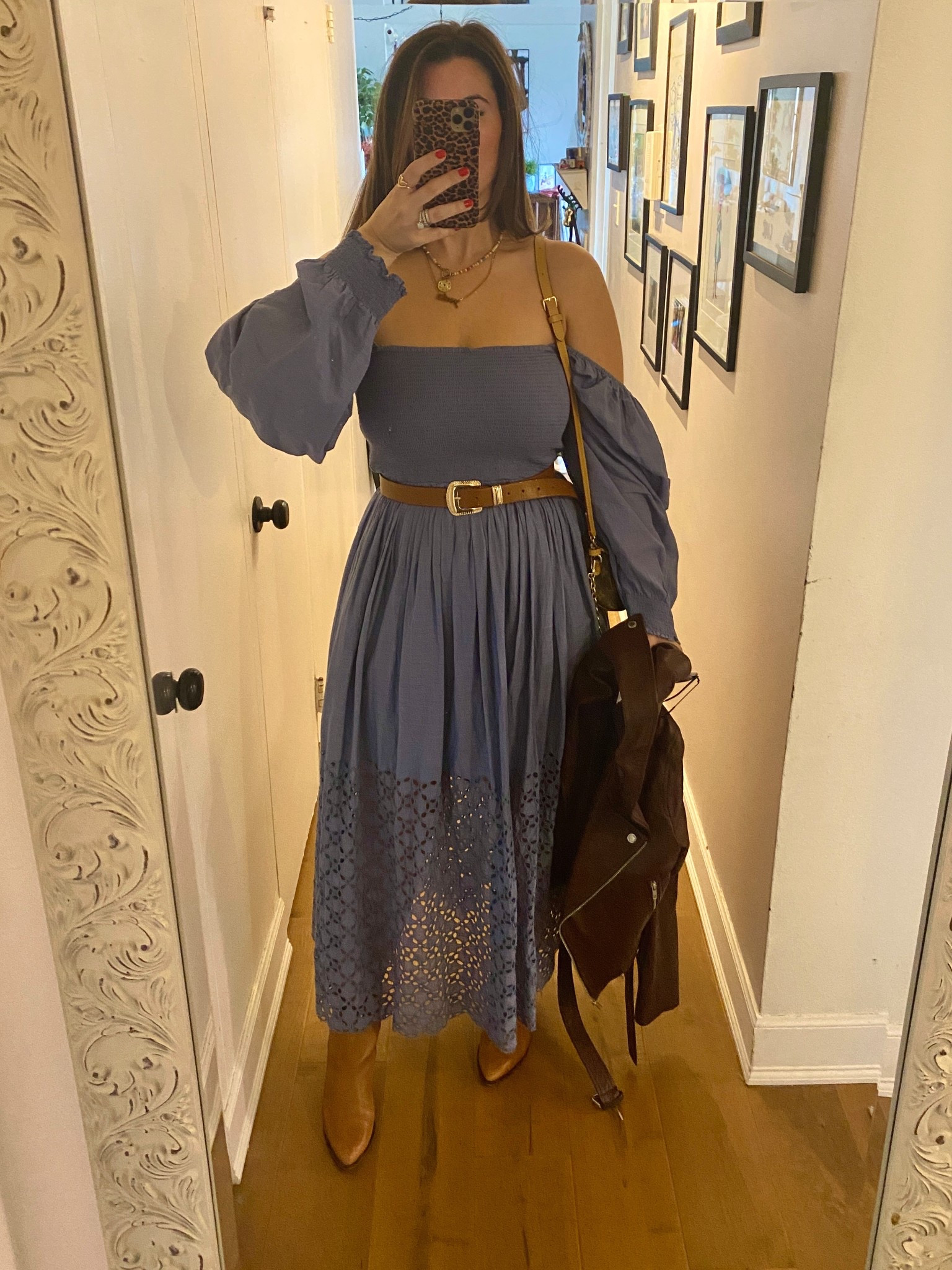 Loveeee This free people dress for a fall transition piece.  Honestly any season. It’s super flattering, has pockets, sleeves can be worn off the shoulder or on. Paired with brown boots and belt - both on sale! Will link jewelry too. 
Midsize style, midi dress, maxi dress, fall dress, fall boots 

#LTKStyleTip #LTKMidsize #LTKFindsUnder50