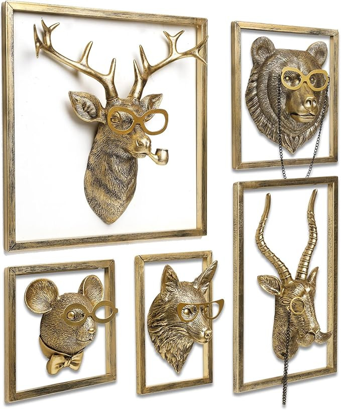 Newinhome Animal Heads Wall Decor (5pcs, Includes Metal Frame) Resin Animals Sculptures Head Wall... | Amazon (US)