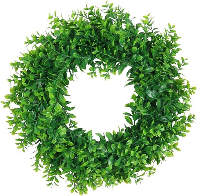 Pauwer Artificial Green Leaves Wreath 16" Boxwood Wreath Farmhouse Greenery Wreath for Front Door... | Amazon (US)