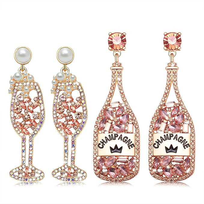 2 Pairs Rhinestone Champagne Bottle Earrings Crystal Wine Glass Dangle Earrings for Women Delicat... | Amazon (US)