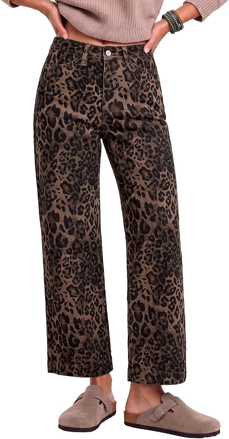 luvamia Wide Leg Jeans for Women Leopard Cheetah Print Ankle Denim Pants | Amazon (US)