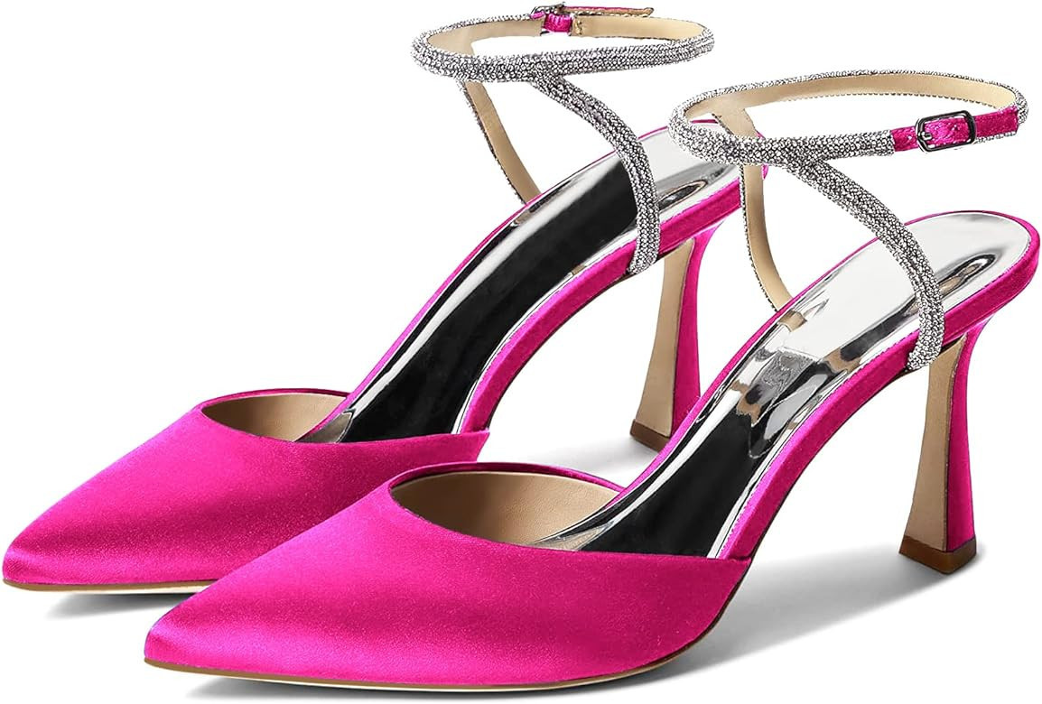 Coutgo Women Rhinestone Heels Kitten High Satin Pumps Pointed Toe Sparkly Sexy Wedding Dress Shoe... | Amazon (US)