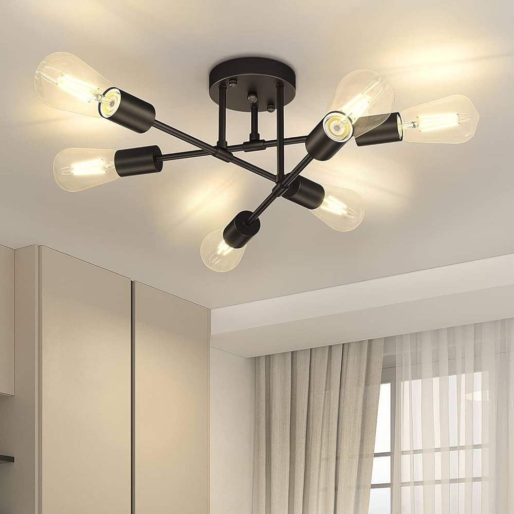 Asnxcju Modern Semi Flush Mount Ceiling Light, 6-Lights Black Sputnik Chandelier for Bedroom Ligh... | Amazon (US)