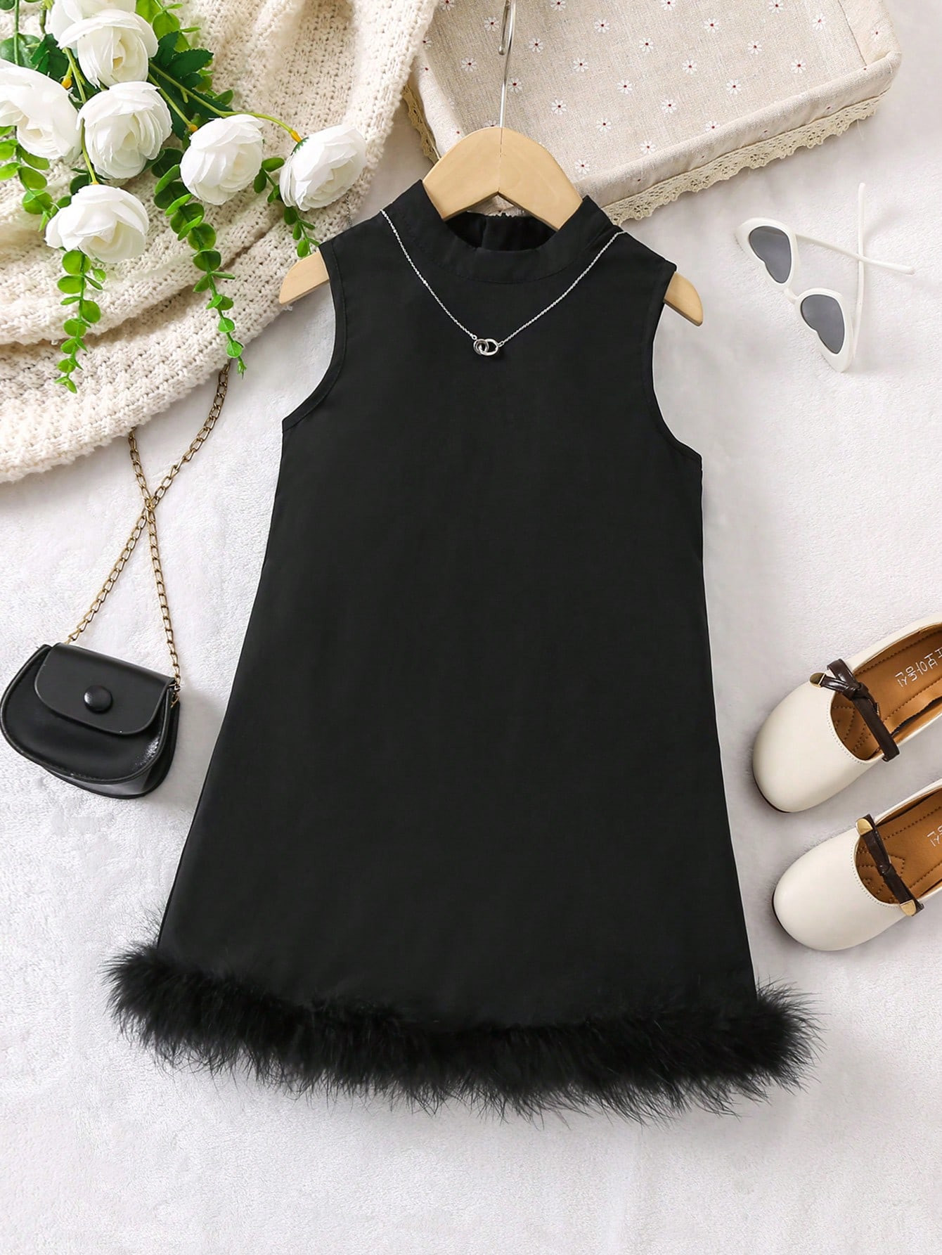 SHEIN Kids FANZEY Young Girl Fuzzy Trim Tank Dress | SHEIN