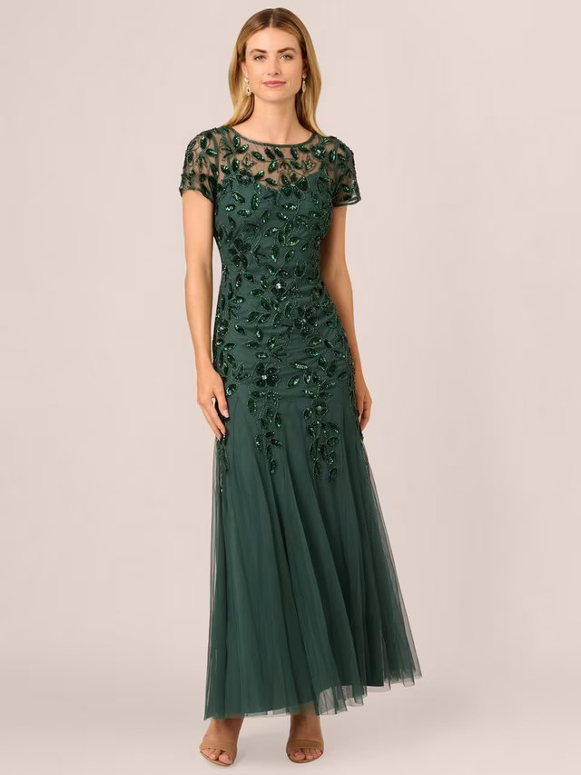 Adrianna Papell Beaded Godet Maxi Dress, Dusty Emerald | John Lewis (UK)