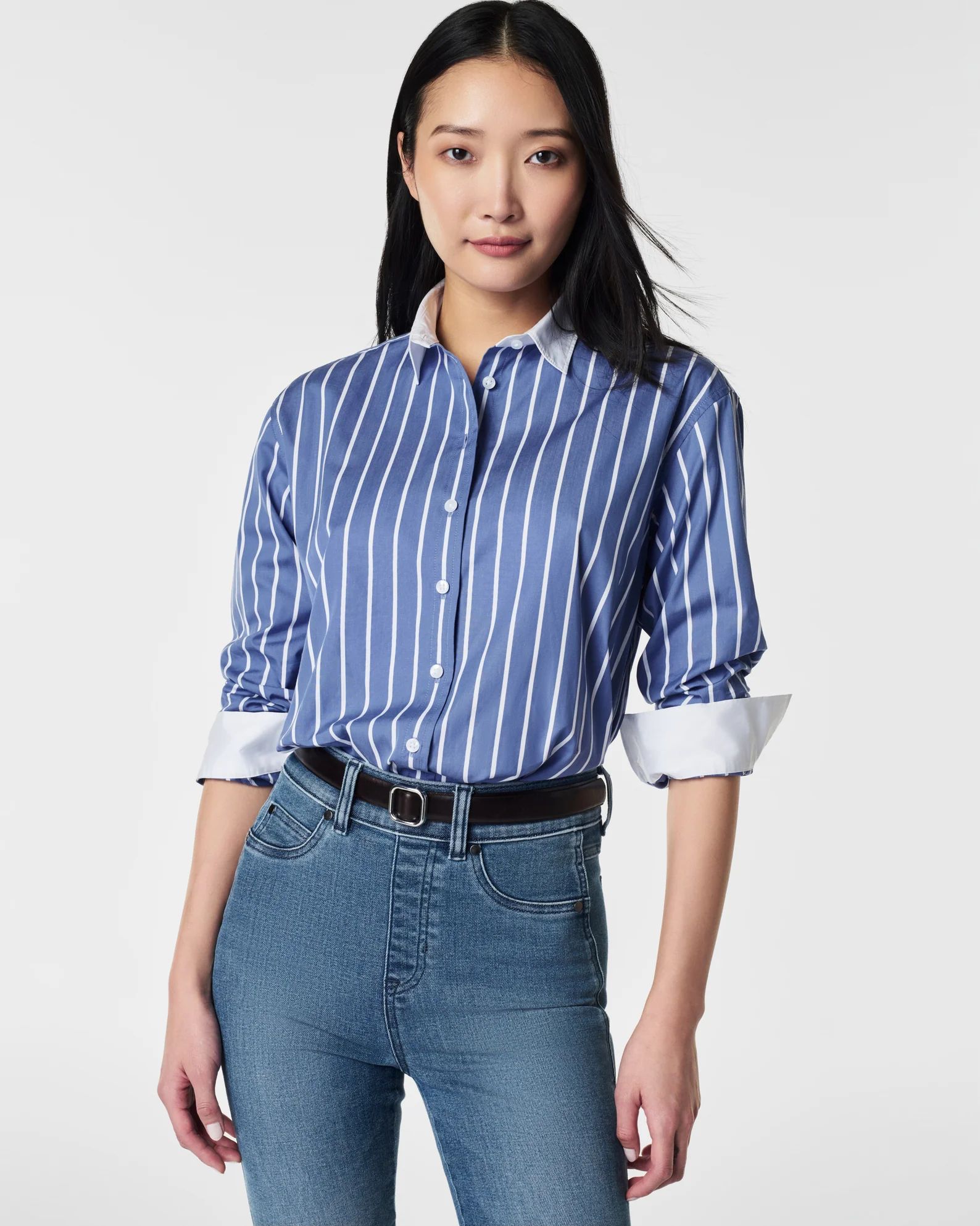 The Best Poplin Striped Button-Down Shirt, Postal Blue Stripe | Spanx